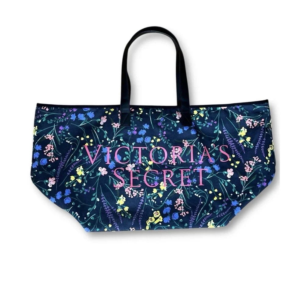 Victoria’s Secret Weekender Canvas XL Tote Bag Black Floral Zip Closure Lined